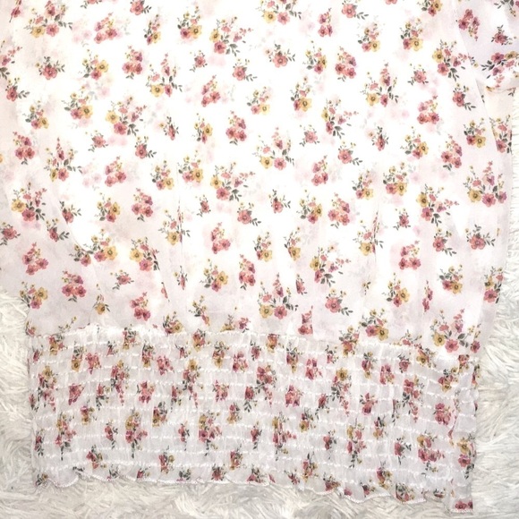 Chiffon White Floral Mock Neck Blouse with Puff Poet Sleeves & Gathered Waist, S - Picture 2 of 7